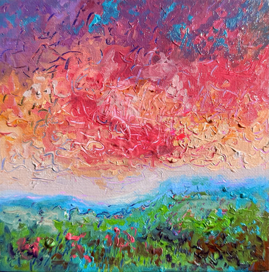 Oil painting ORIGINAL art Landscape sunset Sky Cloud wildflower field Floral 6x6
