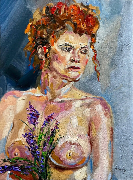 ORIGINAL art oil painting Woman redhead naked floral flower Nude artwork 12x16"