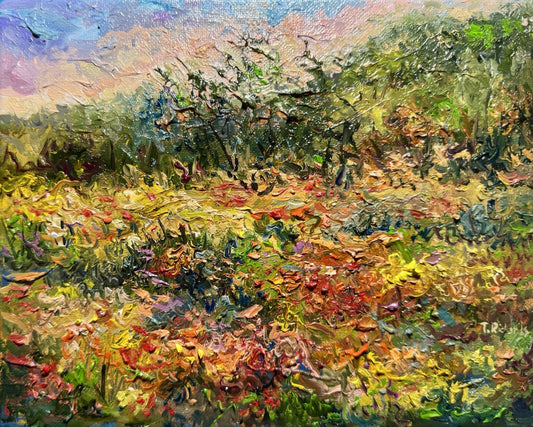 Oil painting ORIGINAL art field Windflower artwork Landscape flowers Forest 8x10