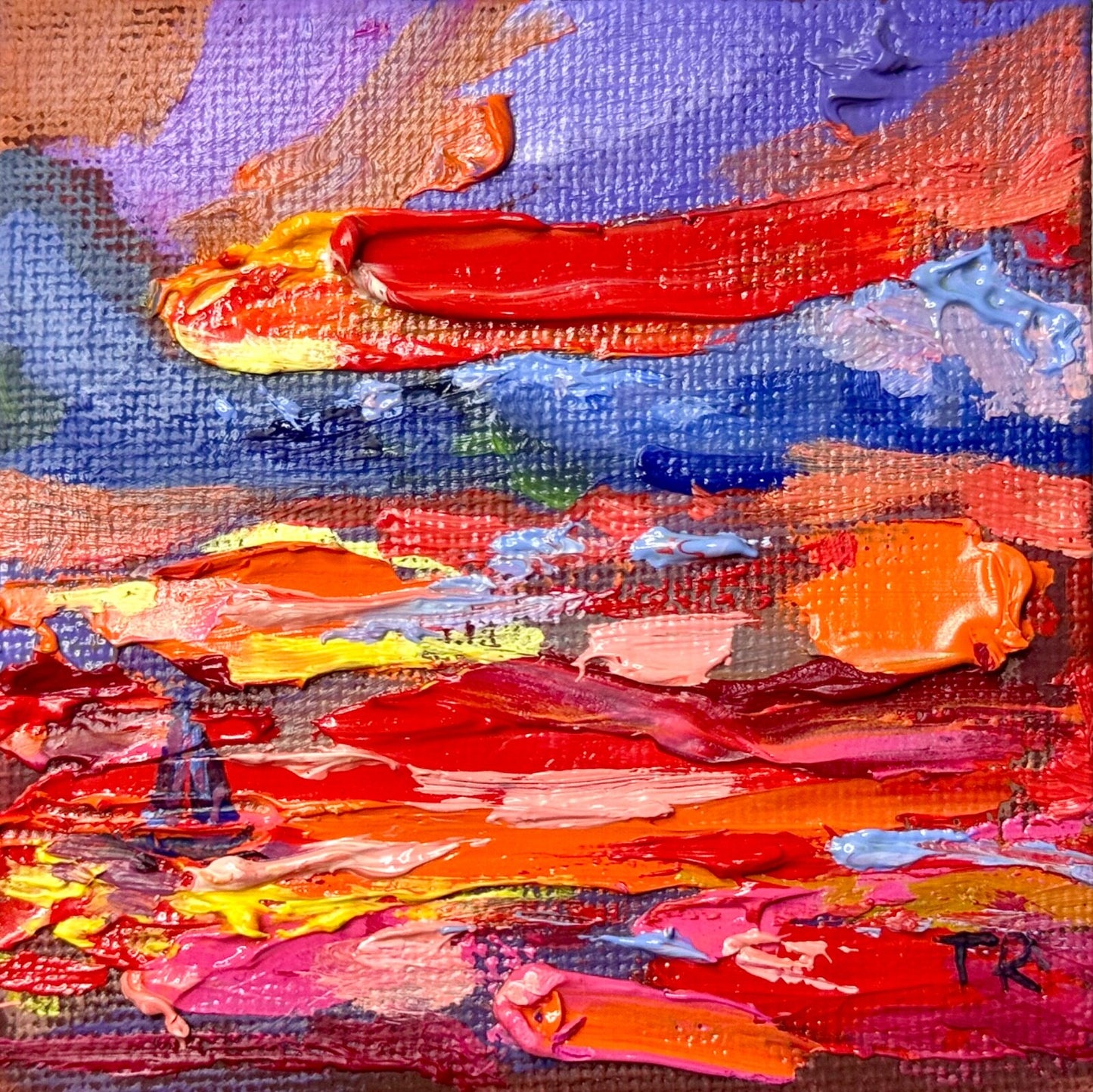 ORIGINAL oil painting Ocean sailboat River boat Sunset red seascape mini art 3x3