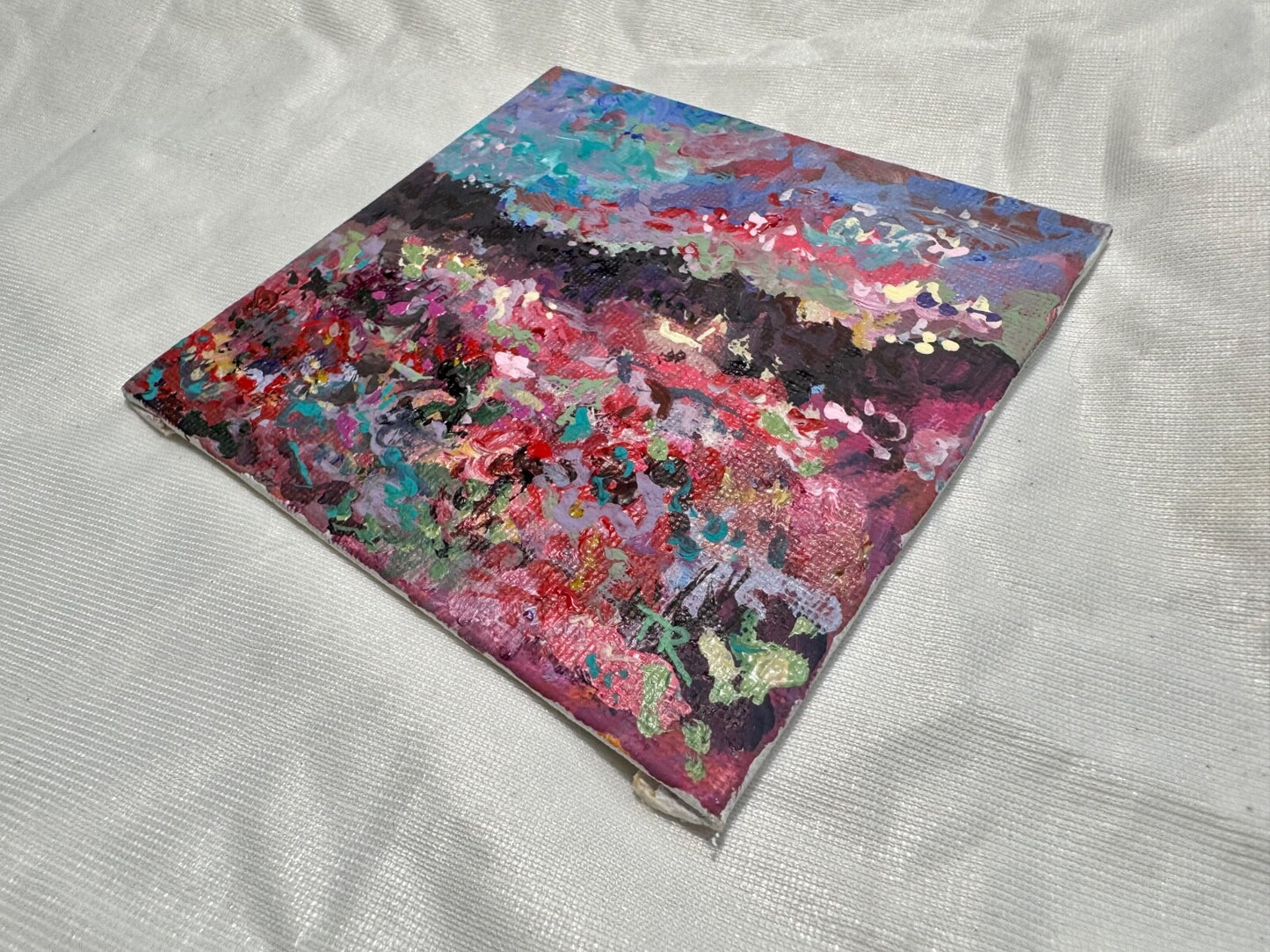 Wildflower field Original art Landscape red flower floral Acrylic Painting 4x4”