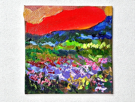 ORIGINAL oil painting Landscape artwork Meadow flower field lupine Sunset 3x3”