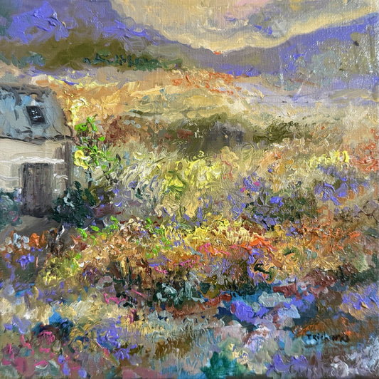 Meadow Flower Field Oil painting ORIGINAL art Mountain Landscape Farmhouse 8x8"