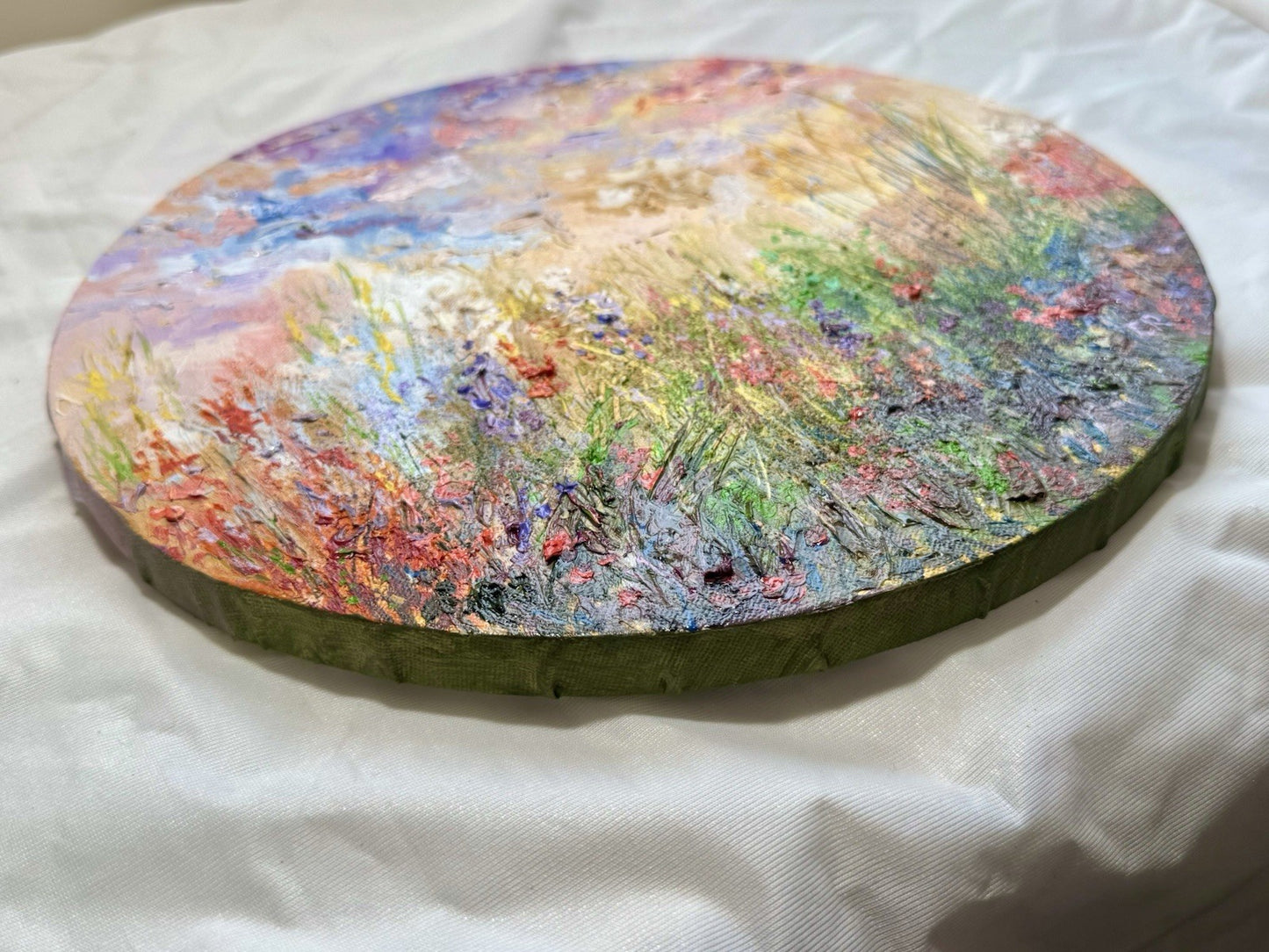 ORIGINAL art oil painting Floral meadow Flower field Round canvas artwork 11.5"
