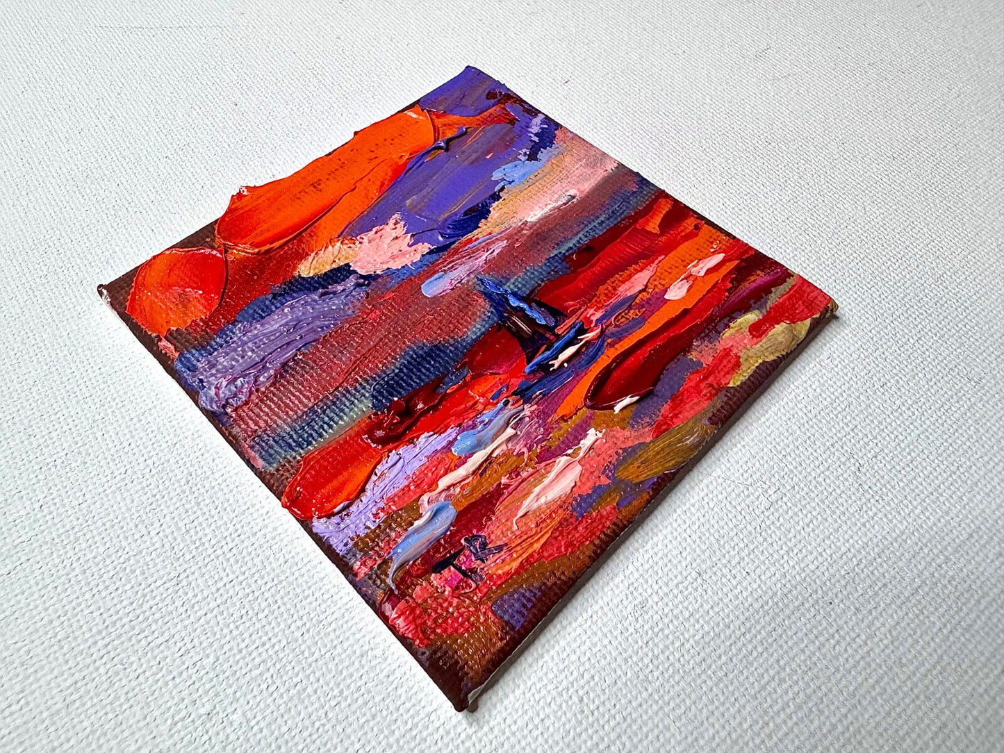 ORIGINAL oil painting Ocean sailboat River boat Sunset red seascape mini art 3x3