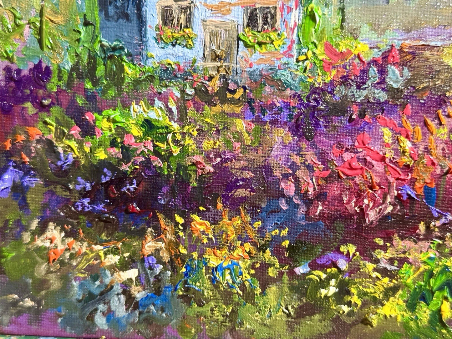 Farmhouse Oil painting ORIGINAL art Cottage House Flower Garden landscape 8x8