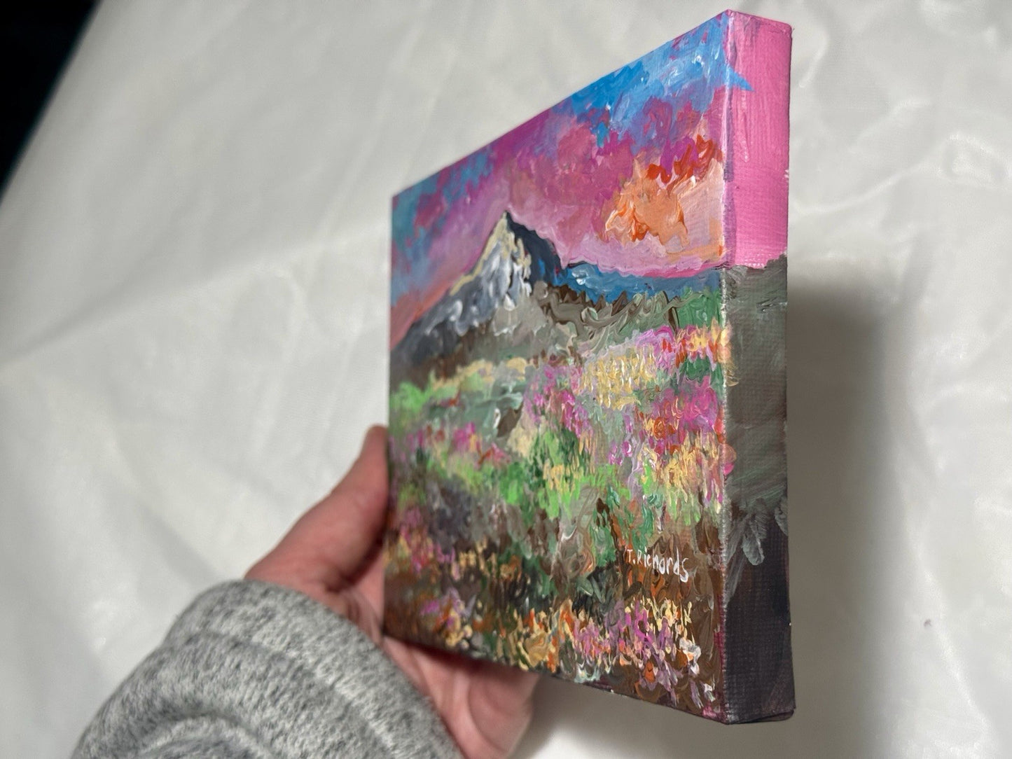 Wildflowers painting ORIGINAL art floral field artwork Landscape Mountain 5x7"