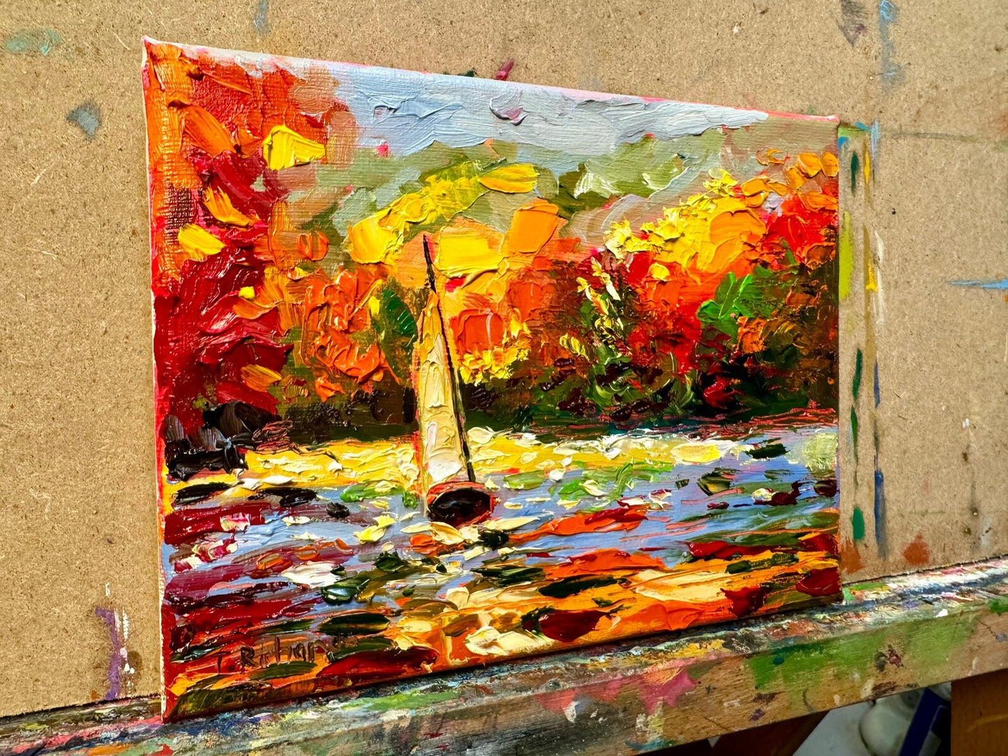 ORIGINAL art Oil painting Sailboat Lake river Fall forest seascape signed 6x8"