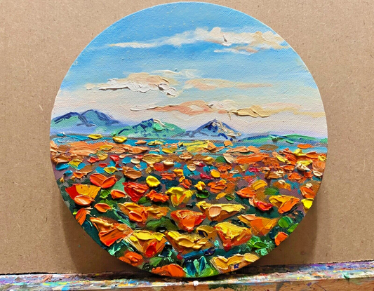 Oil painting ORIGINAL art California poppy field artwork Landscape flowers 8x8"