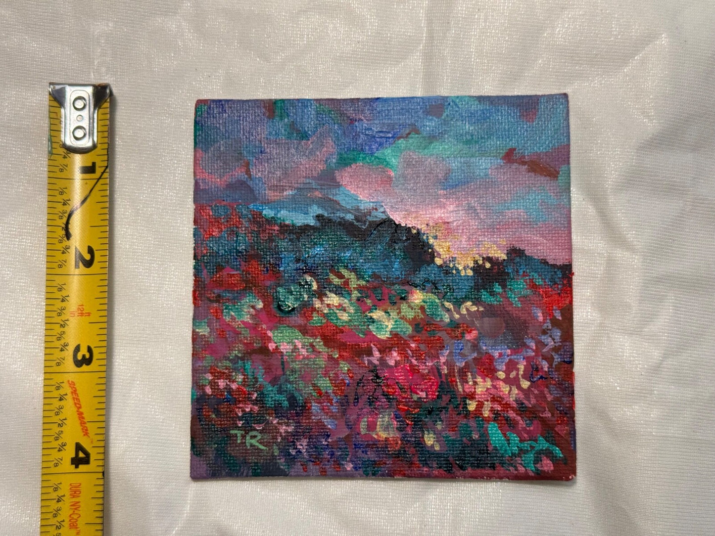 Wildflower field Original art Landscape red flower floral Acrylic Painting 4x4”