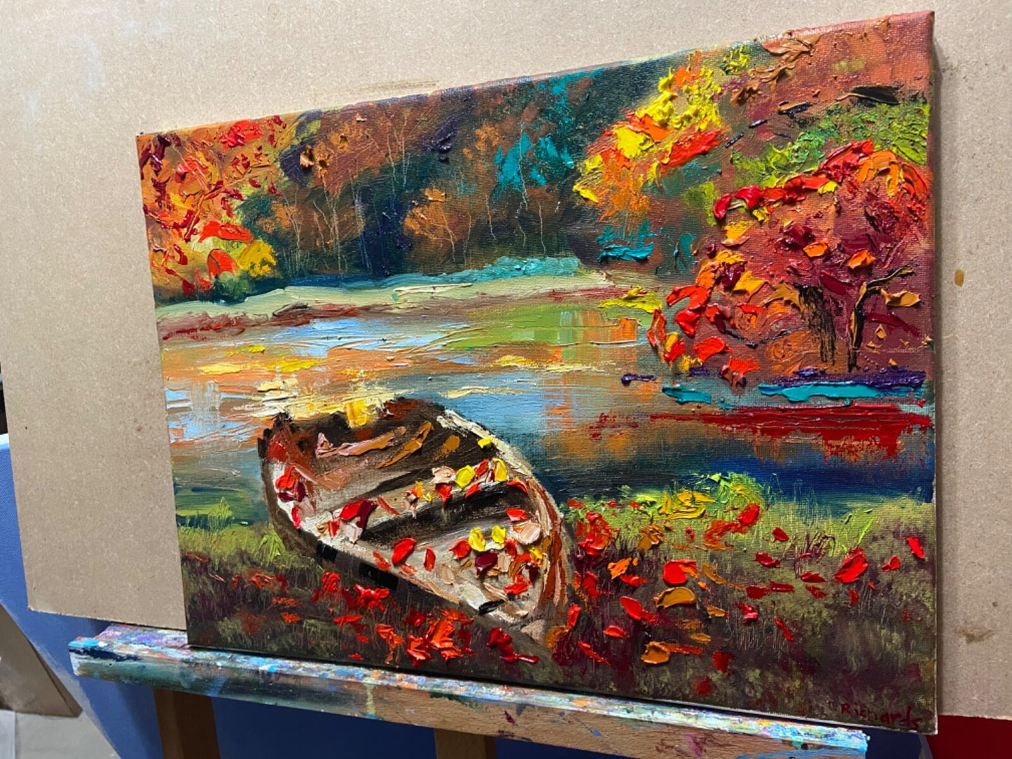 Oil painting ORIGINAL art Boat Fall landscape New England lake river 12x16"