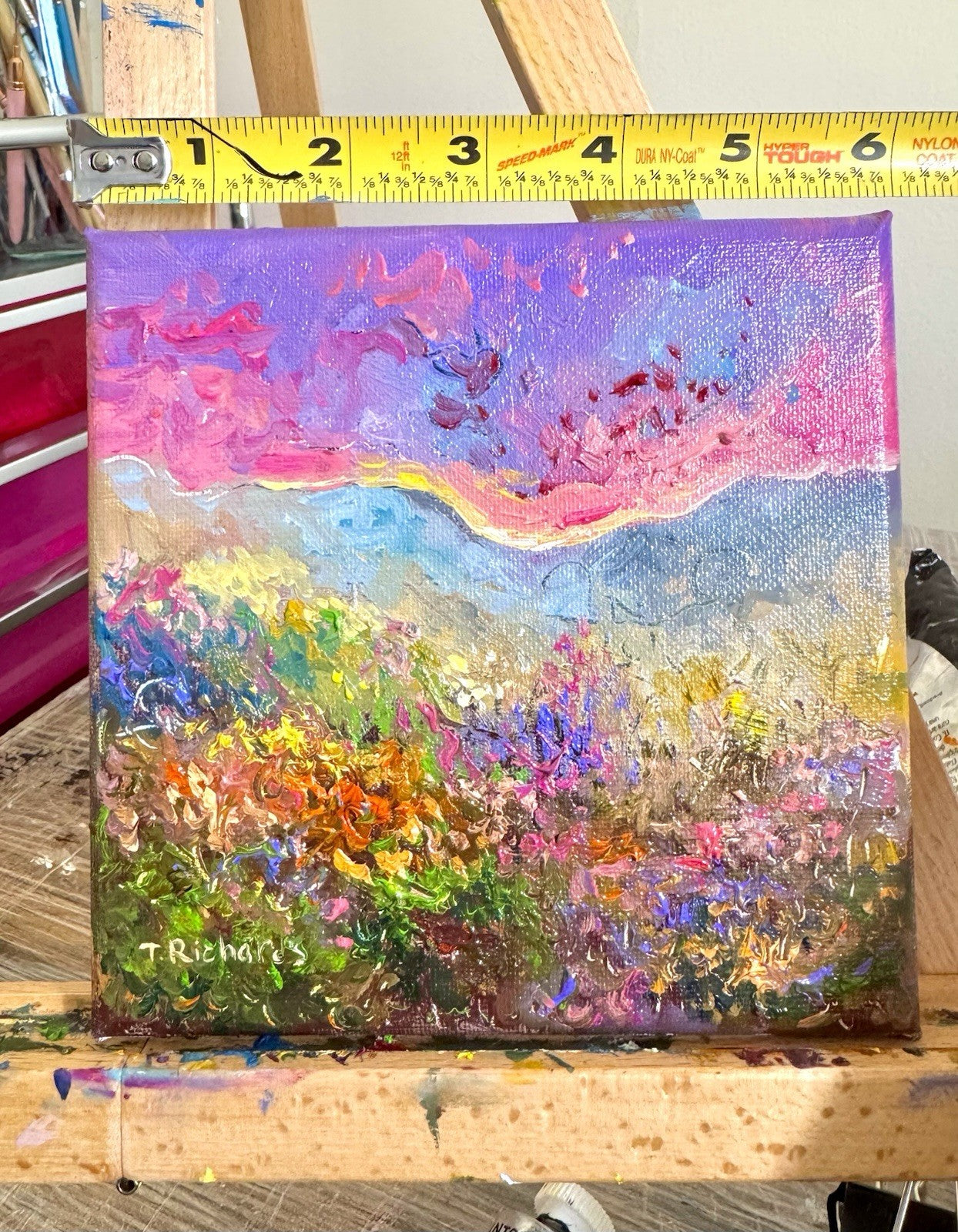 Wildflowers Oil painting ORIGINAL art Mountain Sunset floral field Landscape 6x6