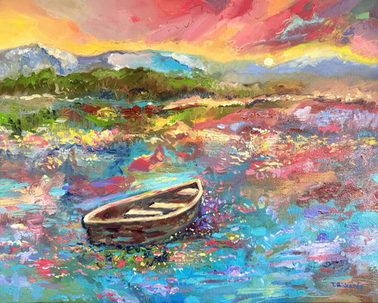 Boat oil painting ORIGINAL art Landscape Lake River Ocean Seascape Sunset 16x20