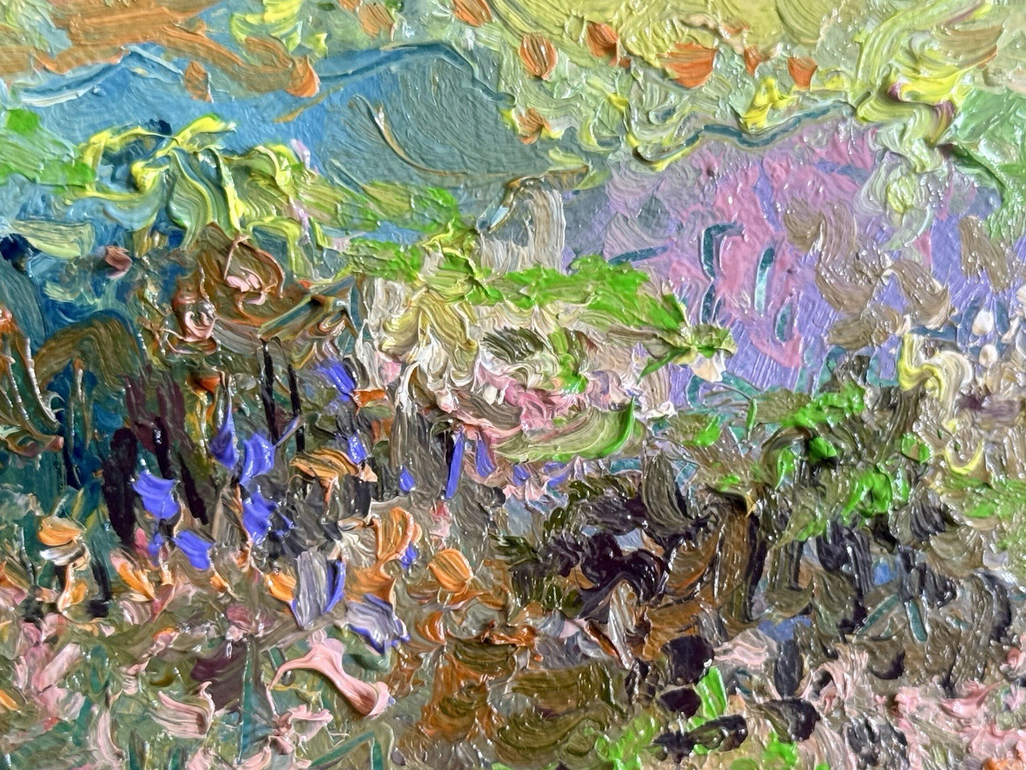 ORIGINAL art oil painting Floral meadow Flower field Mountain Sunset Round 8x8"