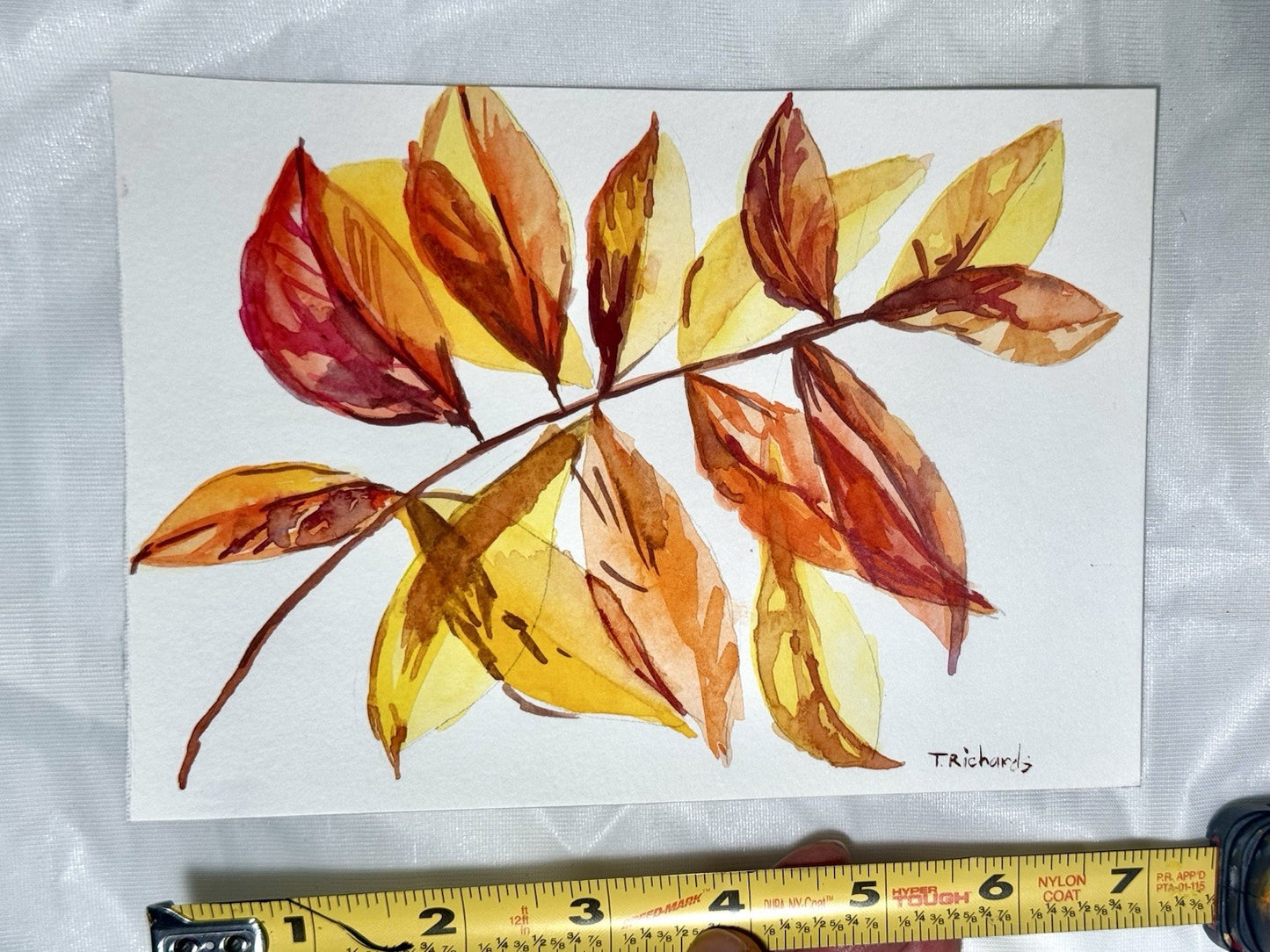 Watercolor painting ORIGINAL art Yellow Walnut Leaves Fall Autumn Signed 5x7"