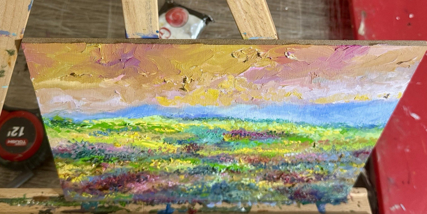 Oil painting panel ORIGINAL art Wildflower field Mountain Landscape flower 8x10
