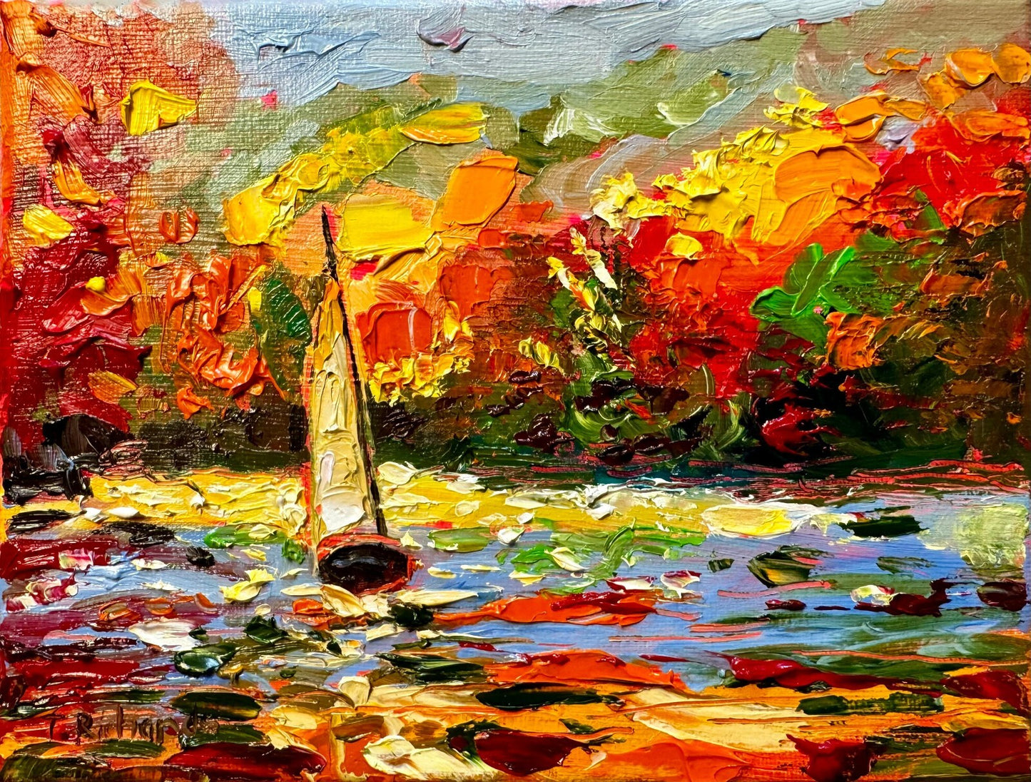ORIGINAL art Oil painting Sailboat Lake river Fall forest seascape signed 6x8"