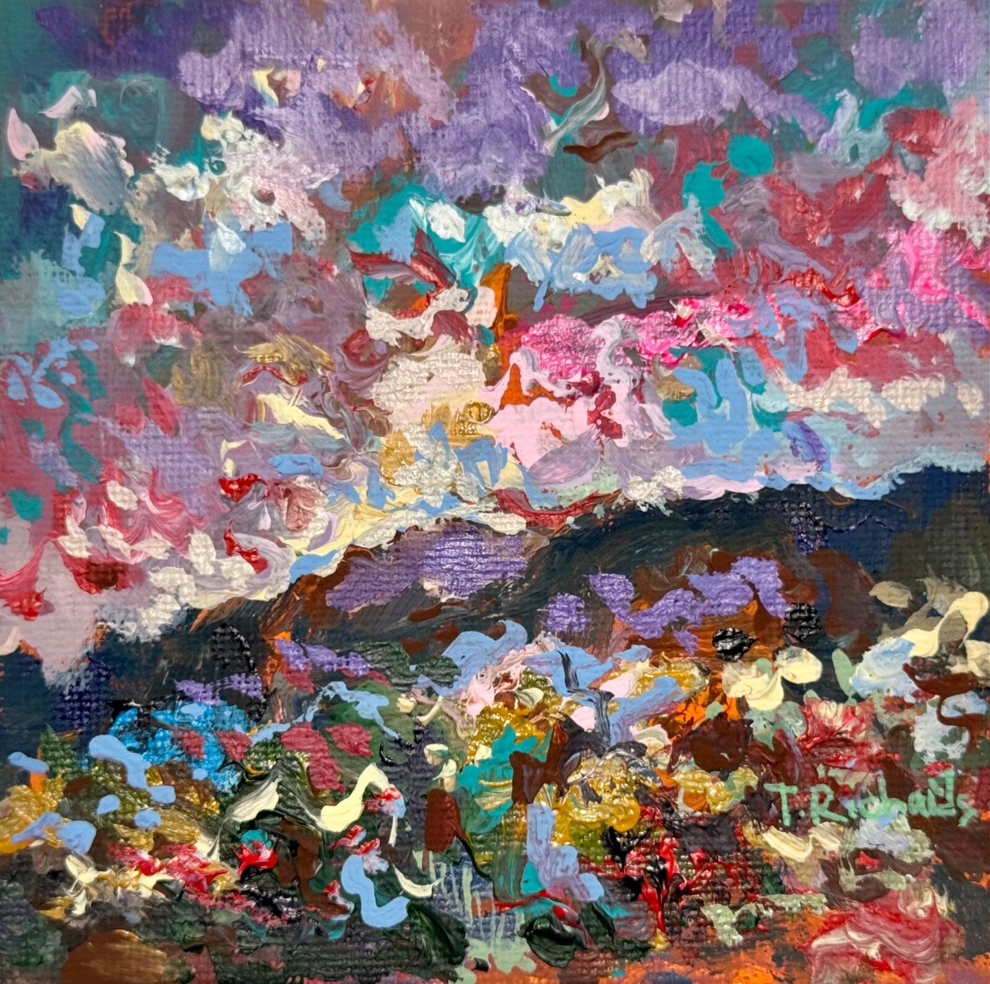 Wildflower field Original art Landscape flower floral Acrylic Painting 4x4”
