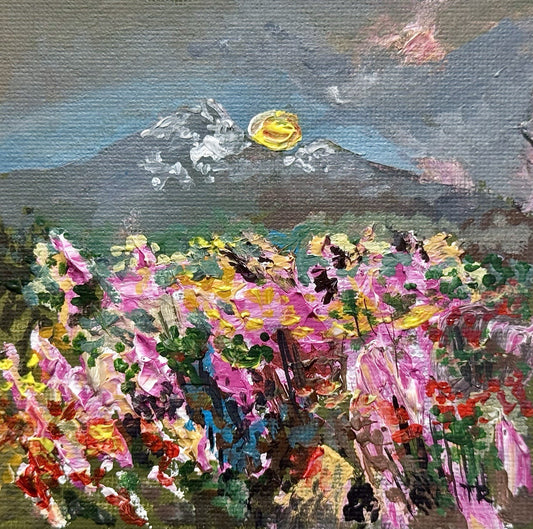 Wildflower field Original art Landscape Mountain NH floral Acrylic Painting 4x4”
