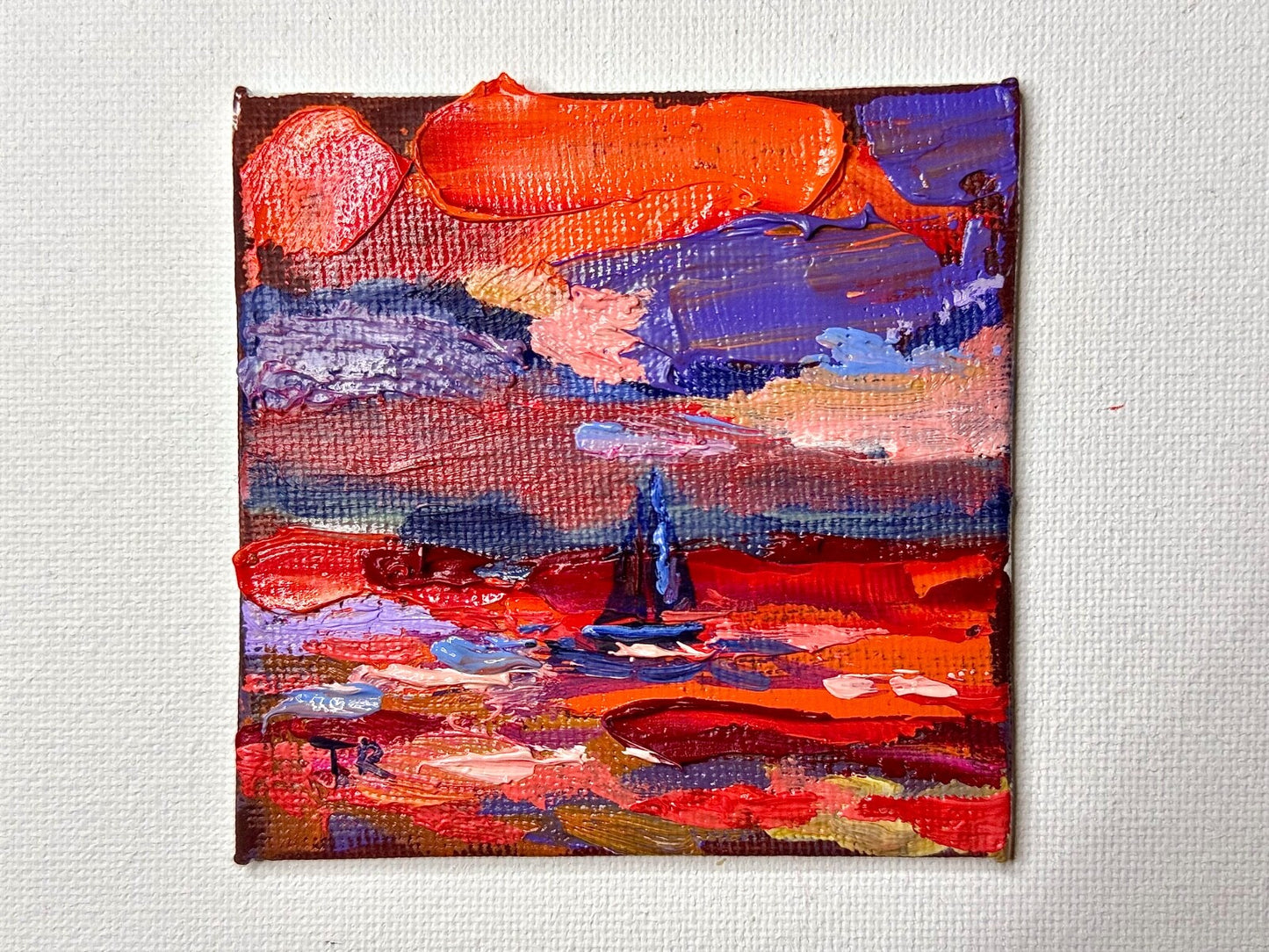 ORIGINAL oil painting Ocean sailboat River boat Sunset red seascape mini art 3x3