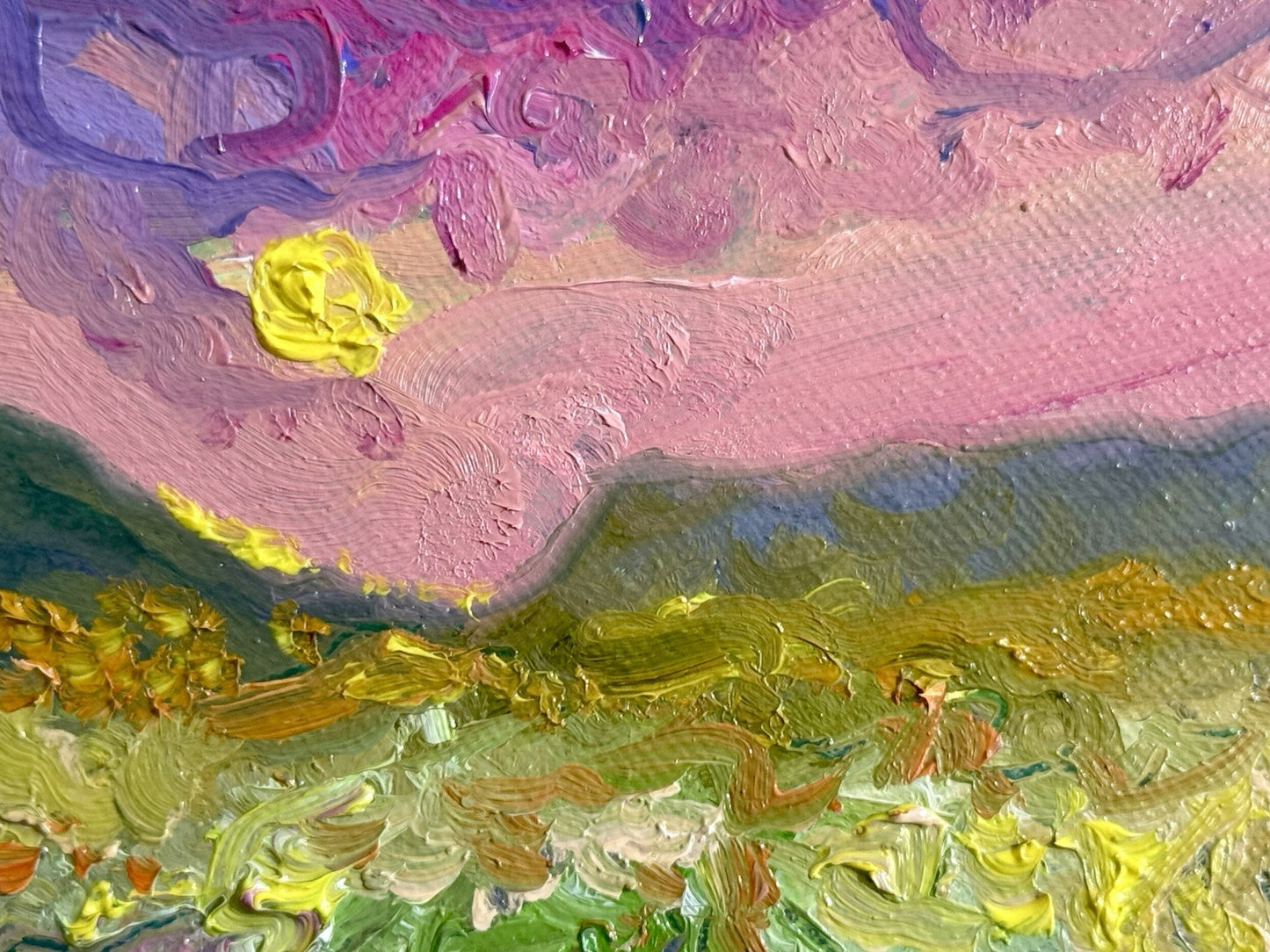ORIGINAL art oil painting Floral meadow Flower field Mountain Sunset Round 8x8"