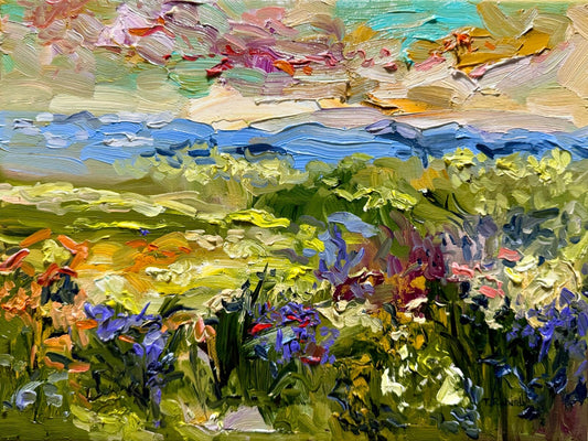 Field painting ORIGINAL art Landscape mountain artwork Floral wildflower 9x12"