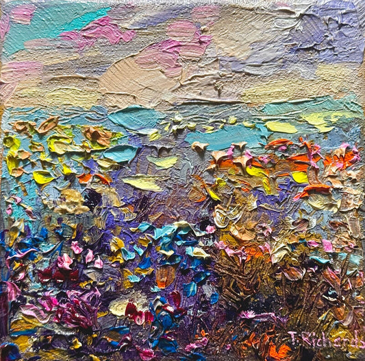 Wildflowers Oil painting ORIGINAL art Lupine floral field artwork Landscape 6x6"