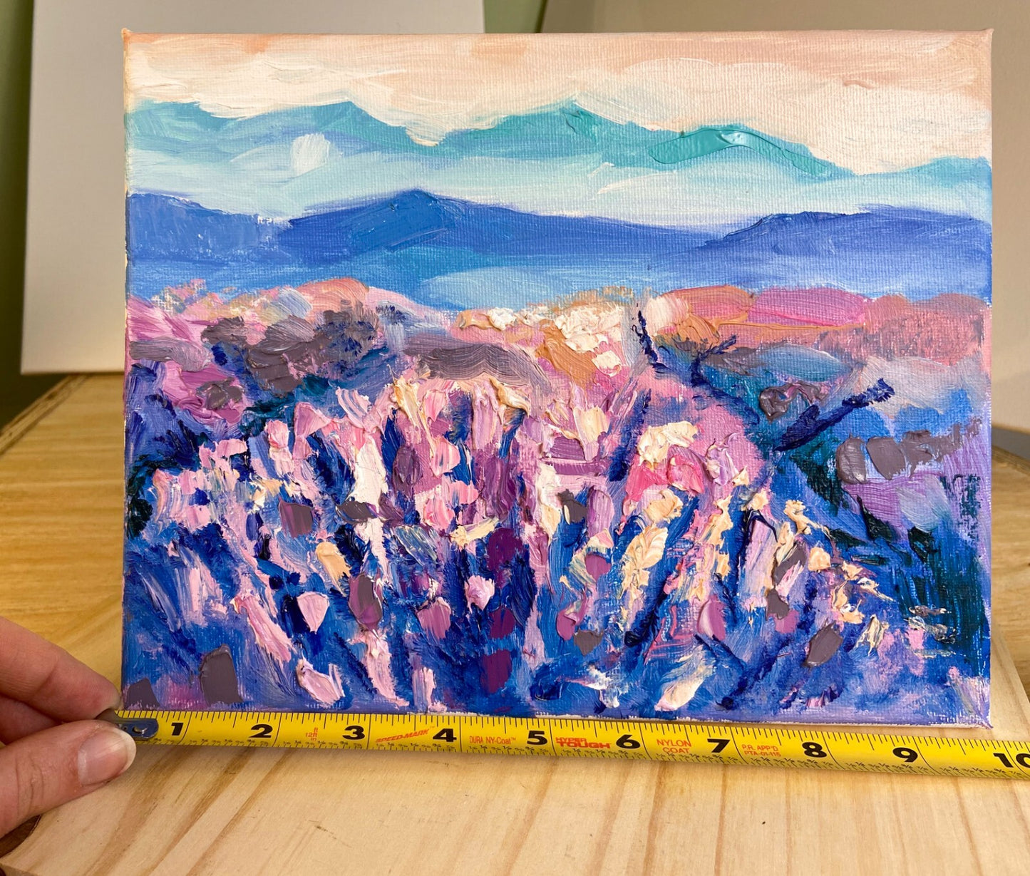 Oil painting ORIGINAL art Lavender field artwork Landscape flowers mountain 8x10