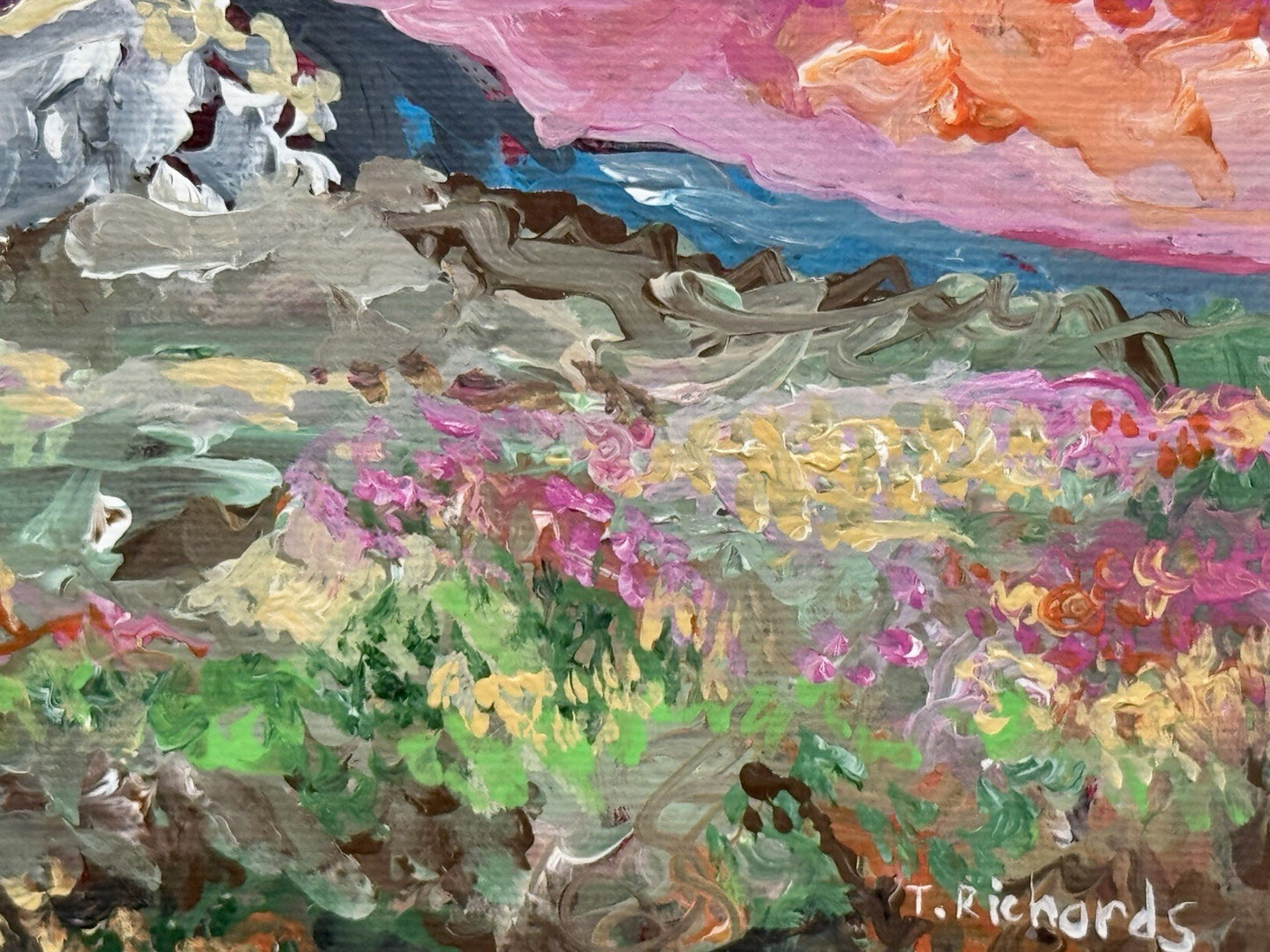 Wildflowers painting ORIGINAL art floral field artwork Landscape Mountain 5x7"