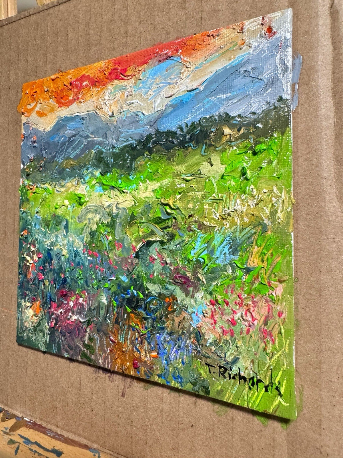 Oil painting ORIGINAL art Landscape sunset Mountain wildflower field Floral 6x6”
