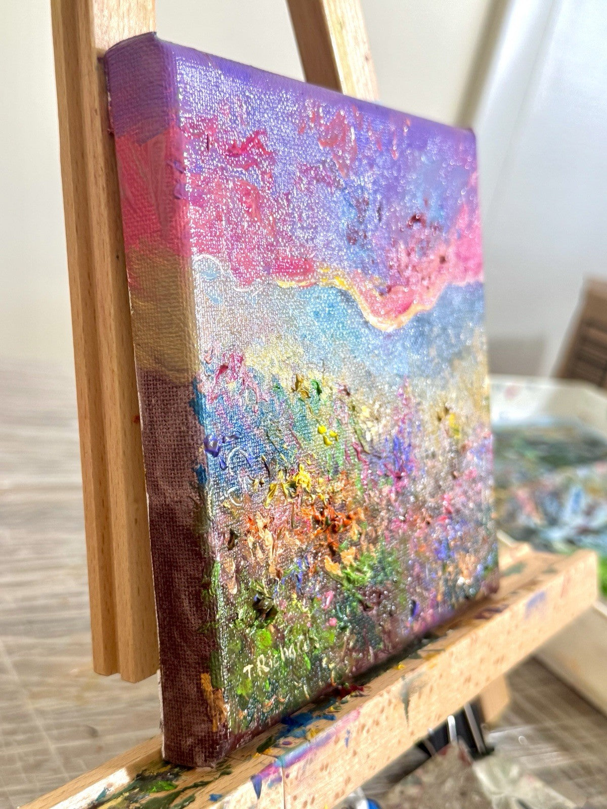 Wildflowers Oil painting ORIGINAL art Mountain Sunset floral field Landscape 6x6
