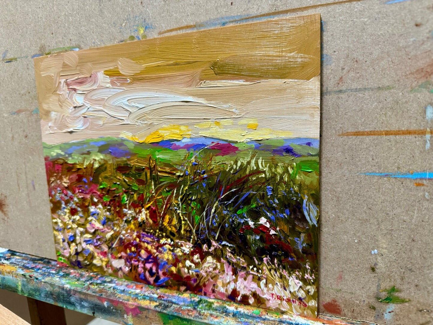 Oil painting panel ORIGINAL art Wildflower field artwork Landscape flower 8x10
