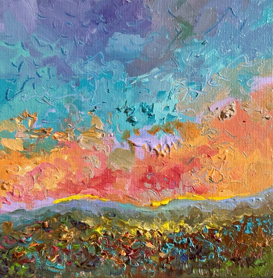 Oil painting ORIGINAL art Landscape sunset Sky Cloud wildflower field Floral 6x6