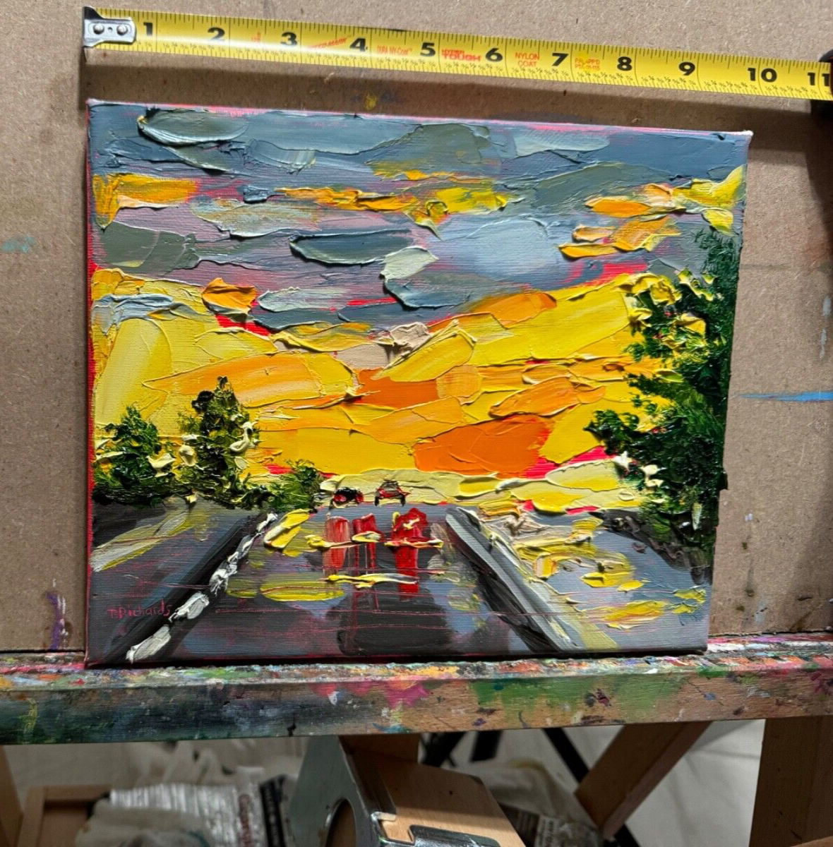 Oil painting ORIGINAL art Night sky rainy wet road car artwork Landscape 8x10"