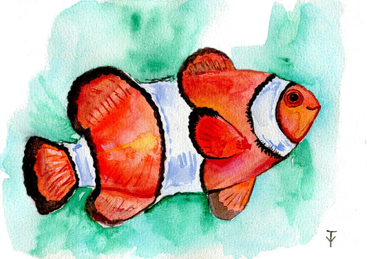 Painting ORIGINAL Art Clownfish Fish Watercolor Sealife Wall Art 5,9x8,2"