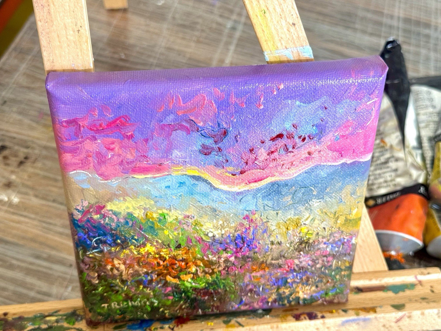 Wildflowers Oil painting ORIGINAL art Mountain Sunset floral field Landscape 6x6