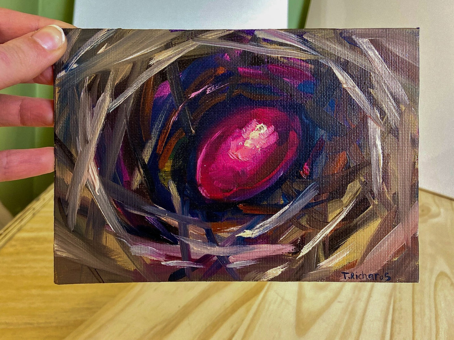 ORIGINAL oil painting on canvas panel art Easter egg nest artwork 5x7"
