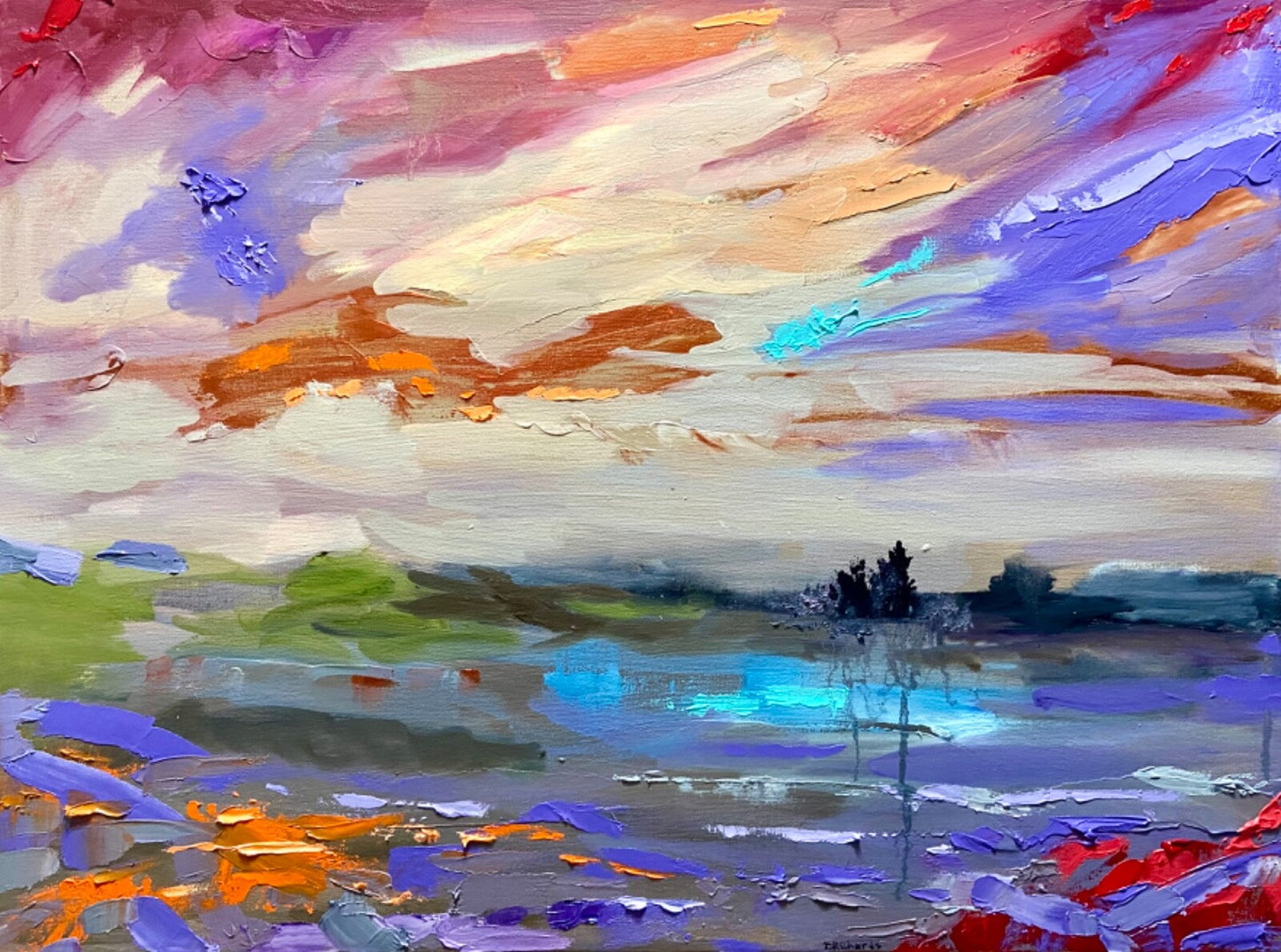 Original art oil painting Seascape artwork Lake river sky impasto forest 18x24"