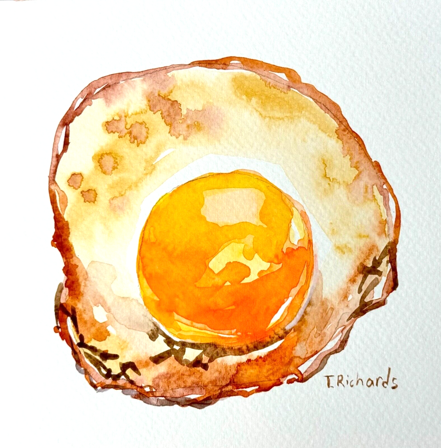 Watercolor painting Fried egg ORIGINAL art Still life food kitchen artwork 6x6"