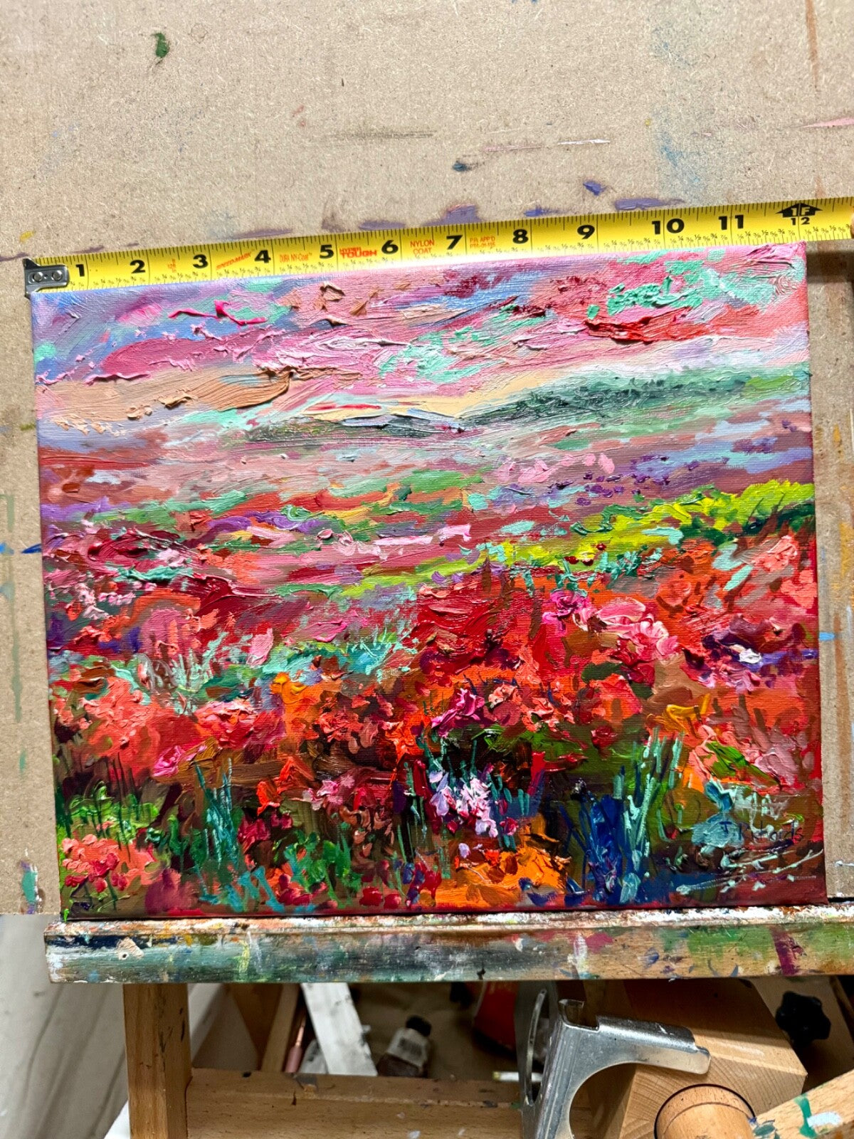 Field painting ORIGINAL art Landscape red sunset Floral wildflower 10x12"