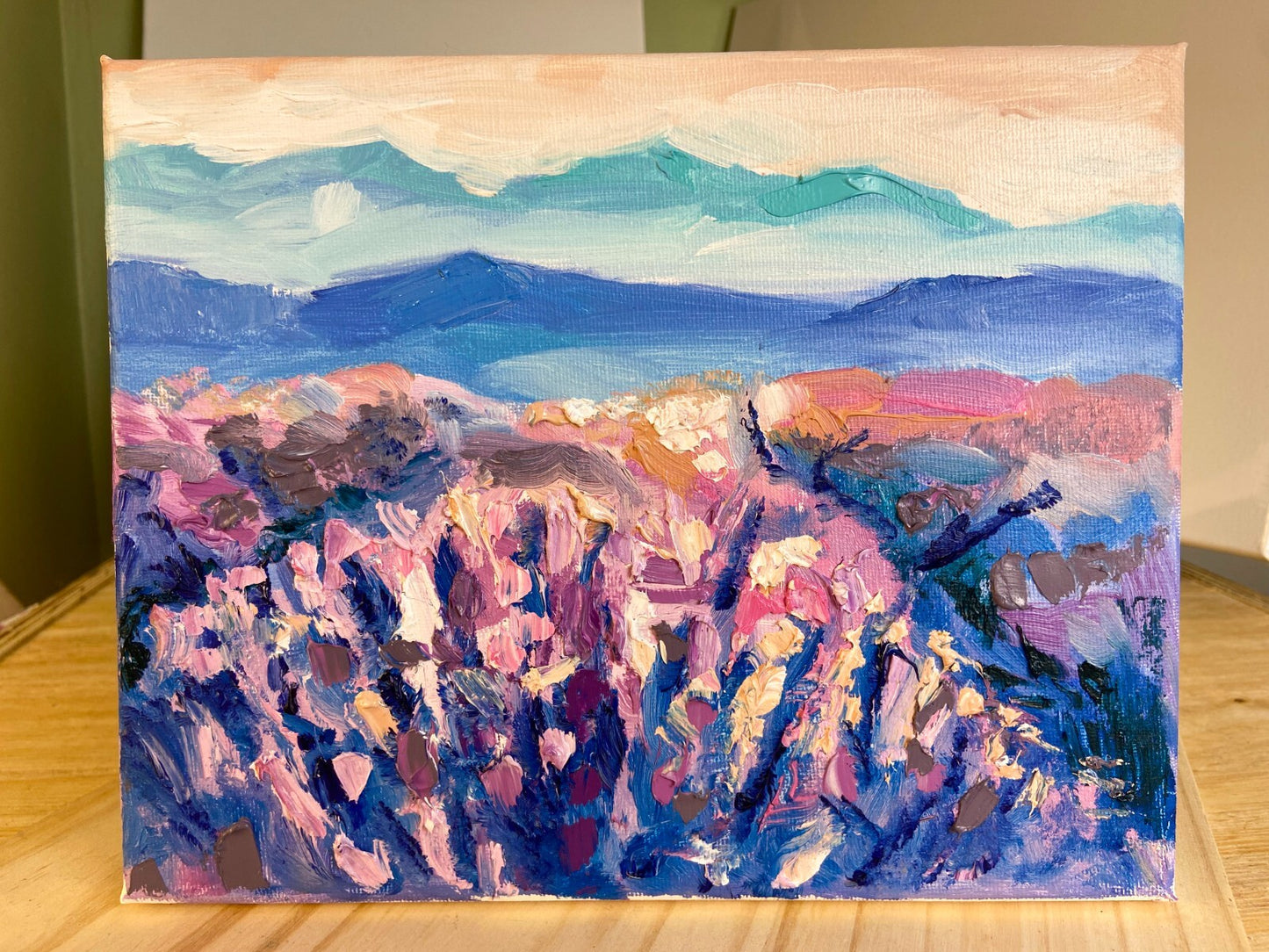 Oil painting ORIGINAL art Lavender field artwork Landscape flowers mountain 8x10