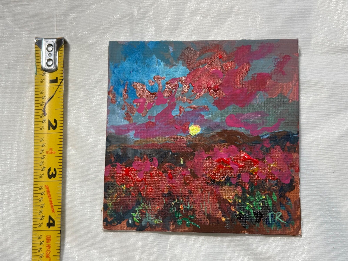 Wildflower field Original art Landscape red flowers sunset Acrylic Painting 4x4”
