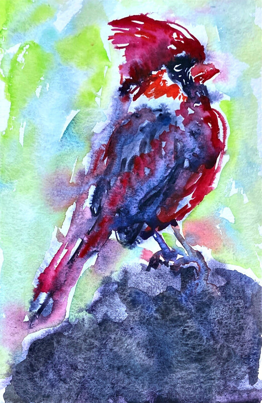 Painting WATERCOLOR ORIGINAL Art Northern Cardinal Bird Artwork wall art 6x9"