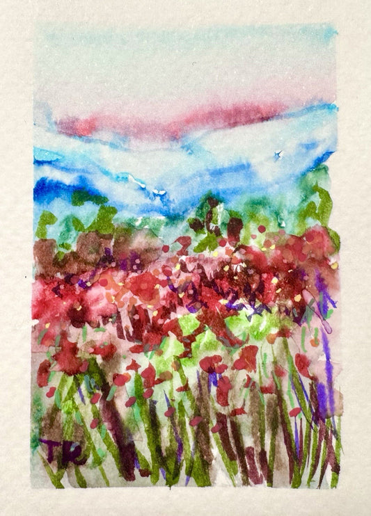 ACEO Watercolor Red California Poppy Landscape ORIGINAL Art ATC Painting 2.5x3.5