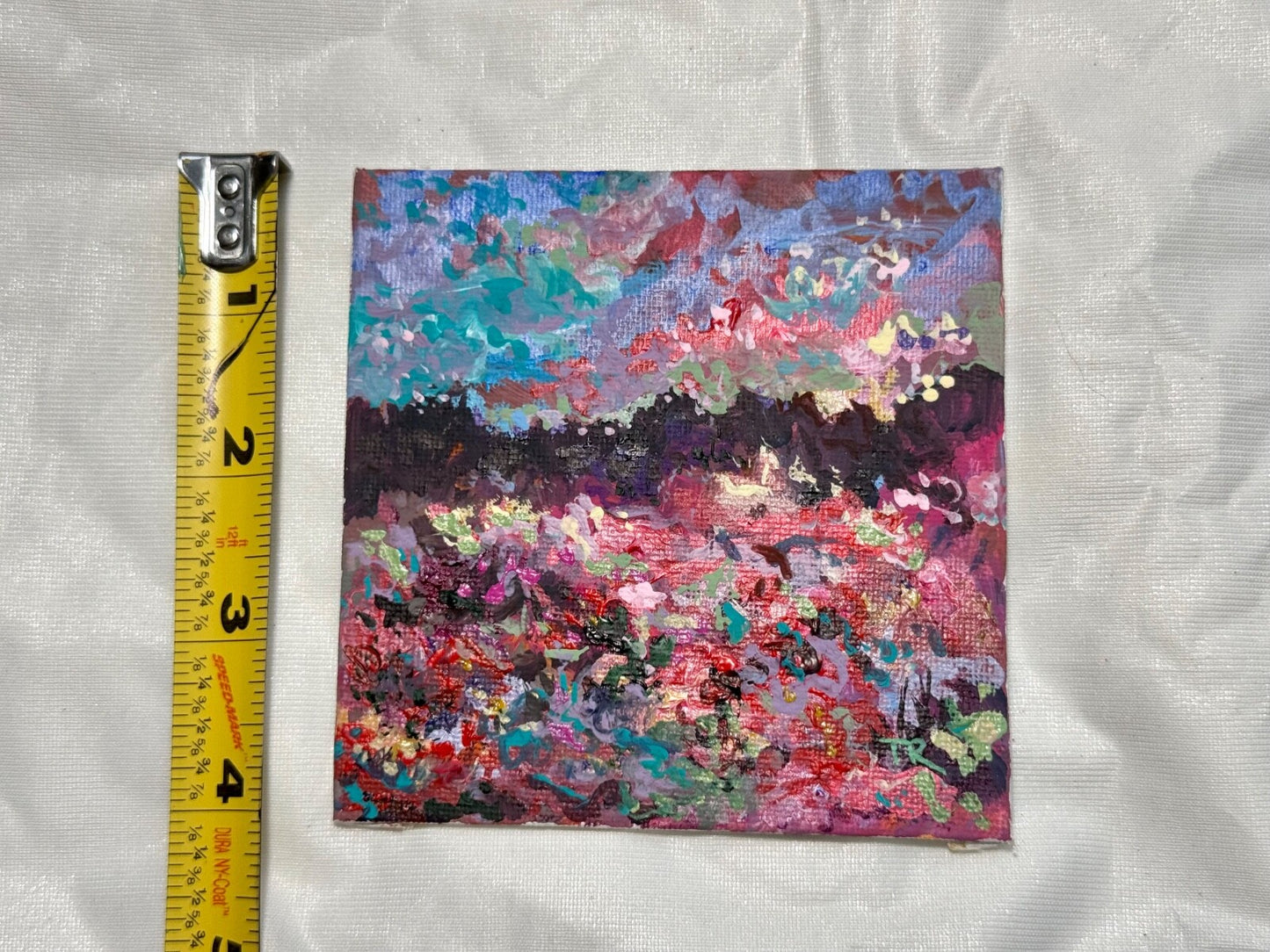 Wildflower field Original art Landscape red flower floral Acrylic Painting 4x4”