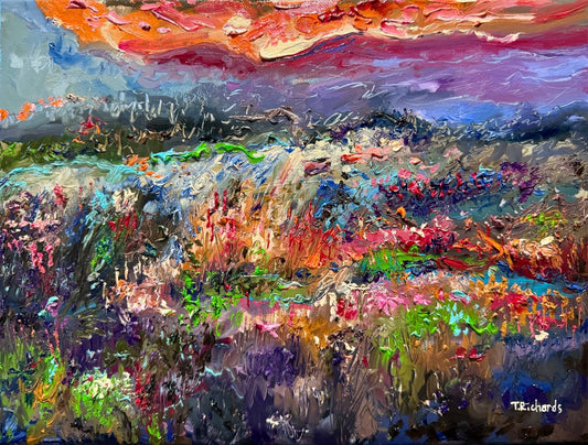 Wildflower painting ORIGINAL art Landscape mountain sunset Floral Field 9x12"
