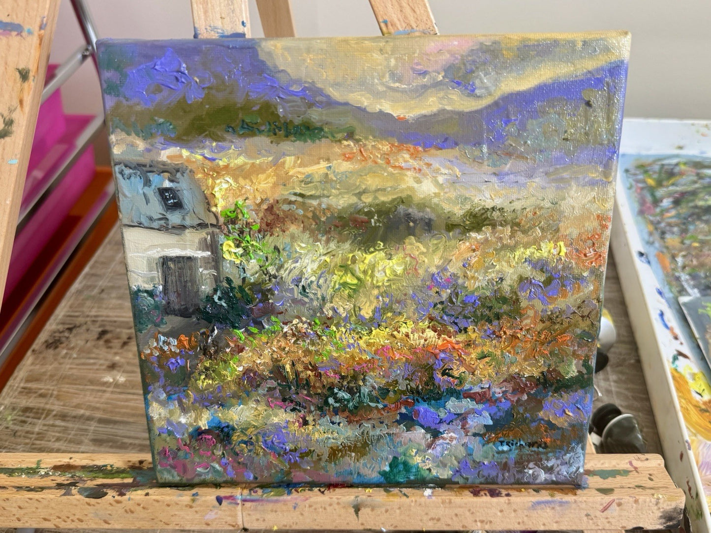 Meadow Flower Field Oil painting ORIGINAL art Mountain Landscape Farmhouse 8x8"