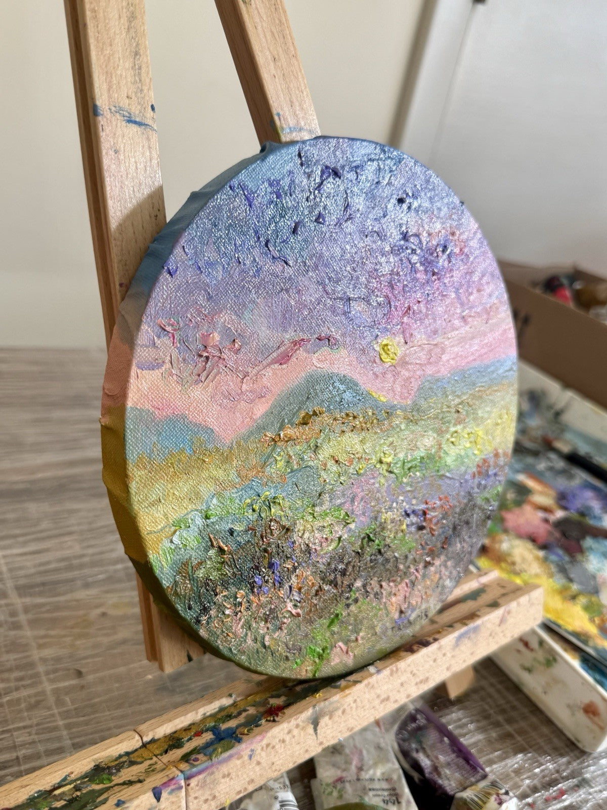 ORIGINAL art oil painting Floral meadow Flower field Mountain Sunset Round 8x8"