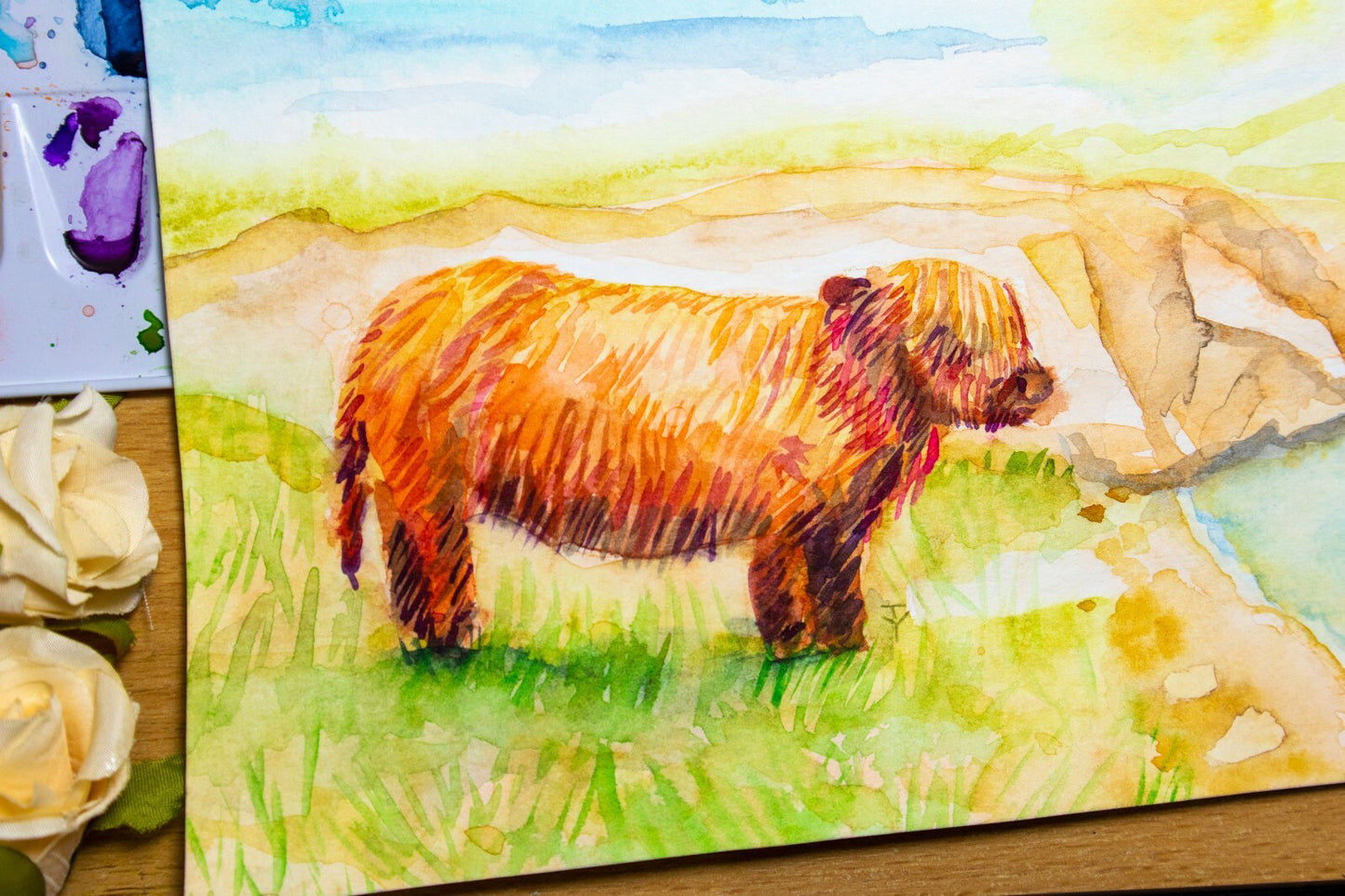 Watercolor painting ORIGINAL art Highland cow landscape 6x9"