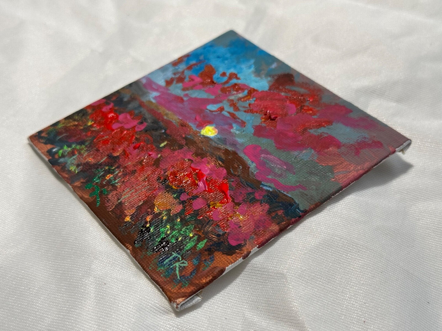 Wildflower field Original art Landscape red flowers sunset Acrylic Painting 4x4”